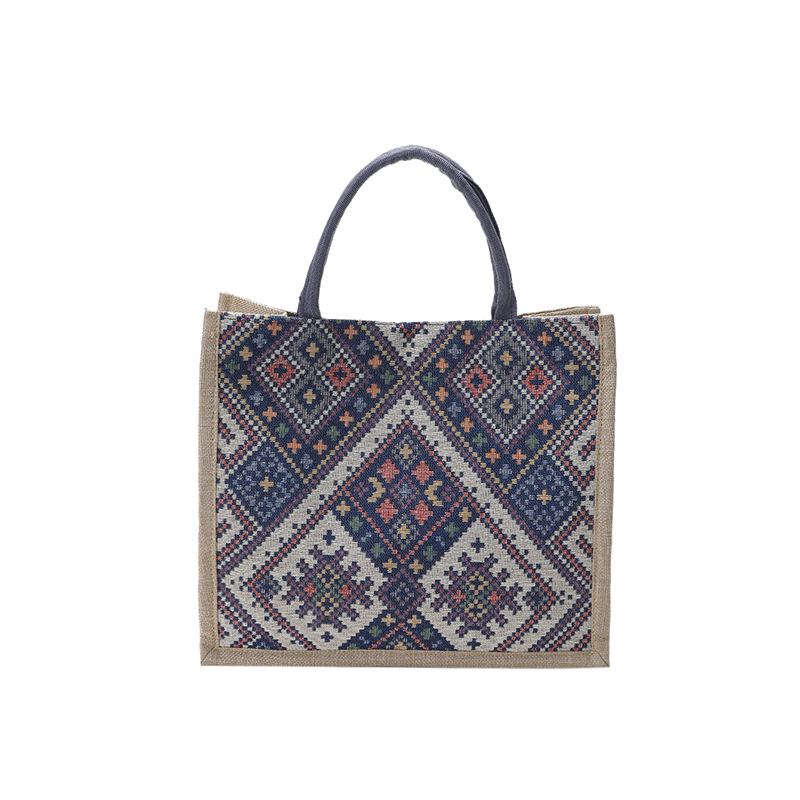 Women Ethnic Linen Tote Bag Retro Geometric Pattern Eco-Friendly Shopping Bag Commuter Organizer