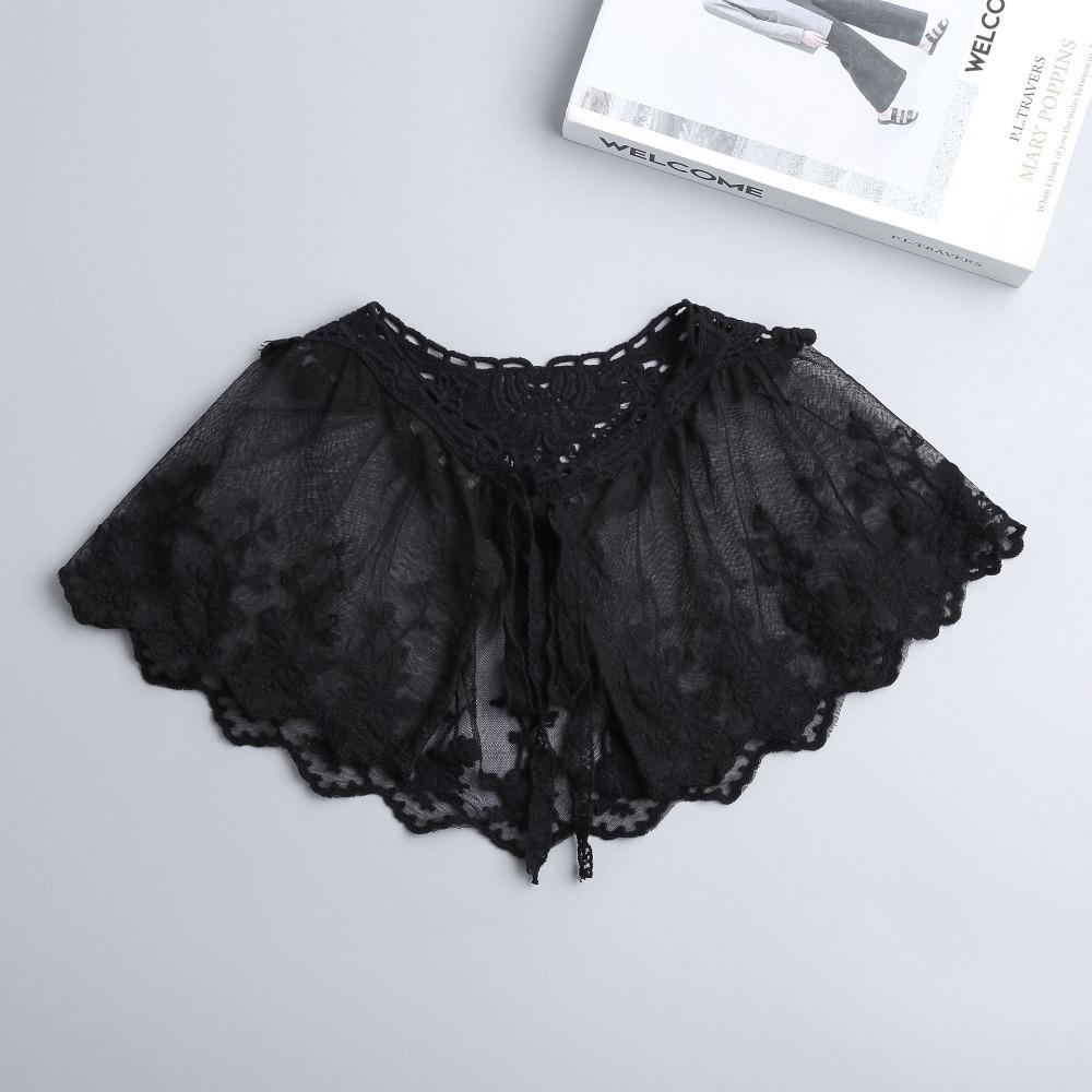 Elegant Embroidery False Collar Detachable Bowknot Lace-Up Scarf Floral Lace Chiffon Pleated Collar Women чёрный