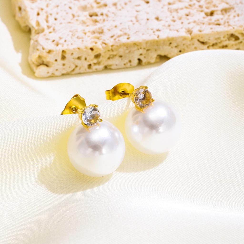 Pearl Zircon Stud Earrings Necklace Set for Women, Stainless Steel Hypoallergenic Daily Jewelry Set Gift