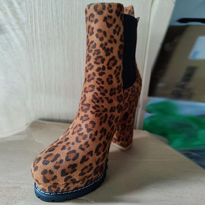 Dame Ankelstøvletter Flokk Leopard Slip On Korte Støvletter Dame Høy Hæl Plattform Høstsko Dame Støvletter Retro Pluss 43