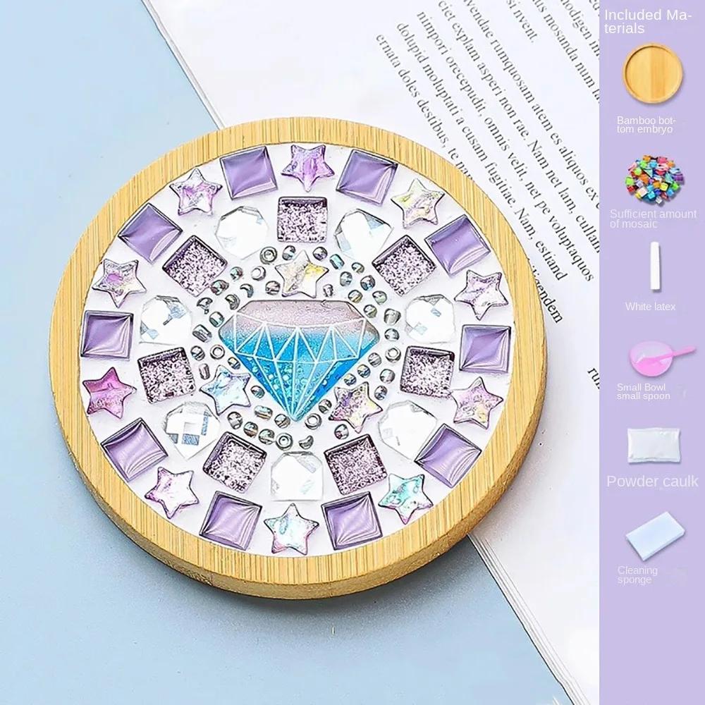 NEW Square Round DIY Mosaic Cup Mat Handicraft Mosaic Glass Handmade Coaster Accessories Free Creation Bamboo Pad Parent-Child