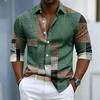 Men's Collar Long Sleeved Shirt with Color Block Splicing and Geometric Printing, Casual Loose Fit Shirt Suitable for Street and