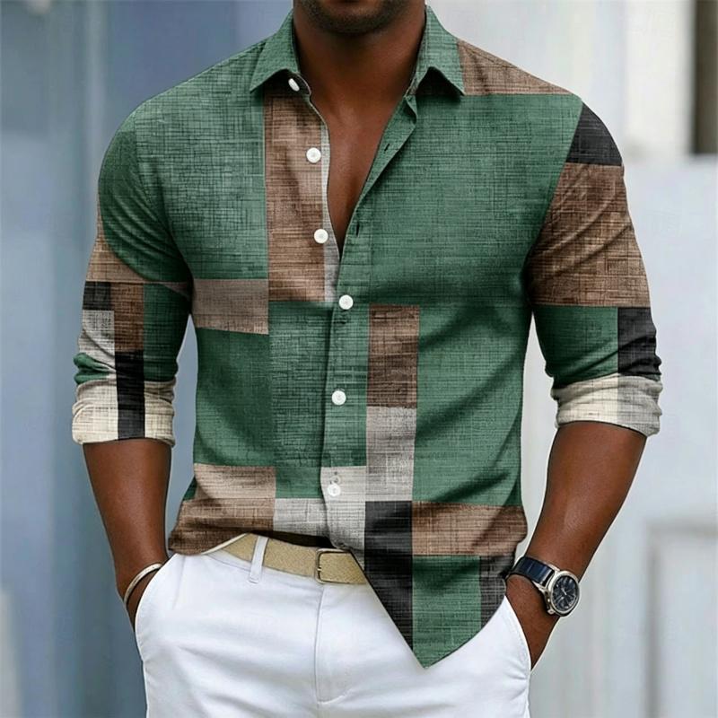 Men's Collar Long Sleeved Shirt with Color Block Splicing and Geometric Printing, Casual Loose Fit Shirt Suitable for Street and