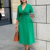 D3294 Foreign Trade Women's Clothing Fashion Temperament Double-breasted Suit Collar Solid Color Dress Medium and Long Cross-border Dress