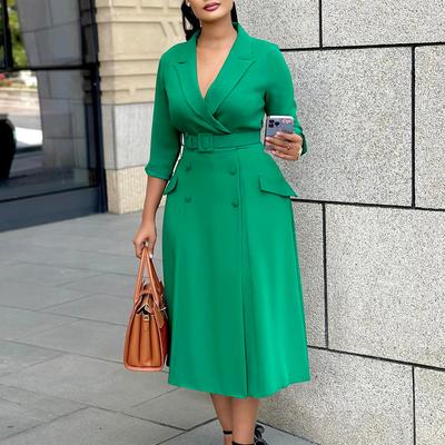D3294 Foreign Trade Women's Clothing Fashion Temperament Double-breasted Suit Collar Solid Color Dress Medium and Long Cross-border Dress