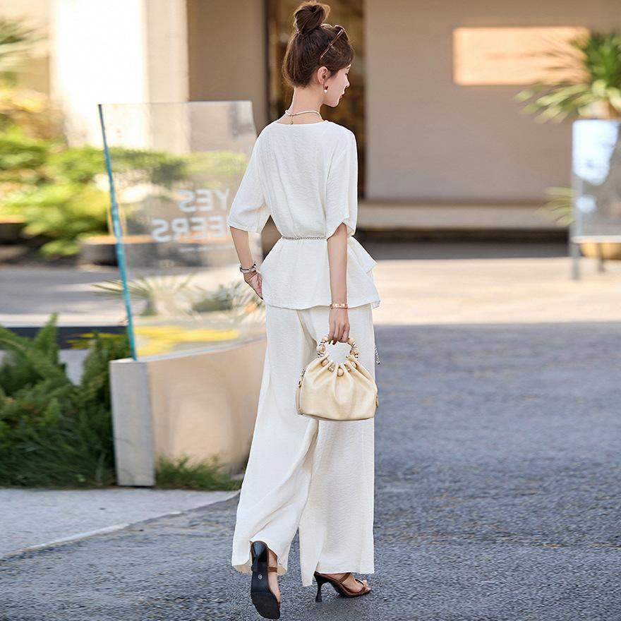 Summer new design sense fashionable lace splicing pile collar top wide leg pants suit women