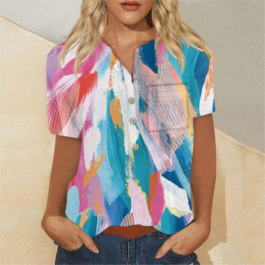 Damenmode-Hemd mit bedrucktem Muster, Knopfleiste und Brusttasche, kurzärmelig