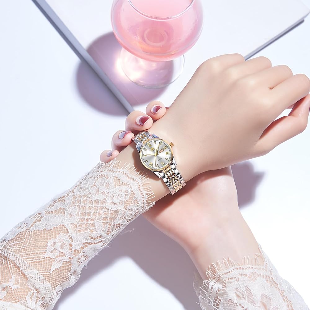 OLEVS Women's Analog Quartz Watch Waterproof Luminous Gold White Stainless Steel Band Fashion Timepiece