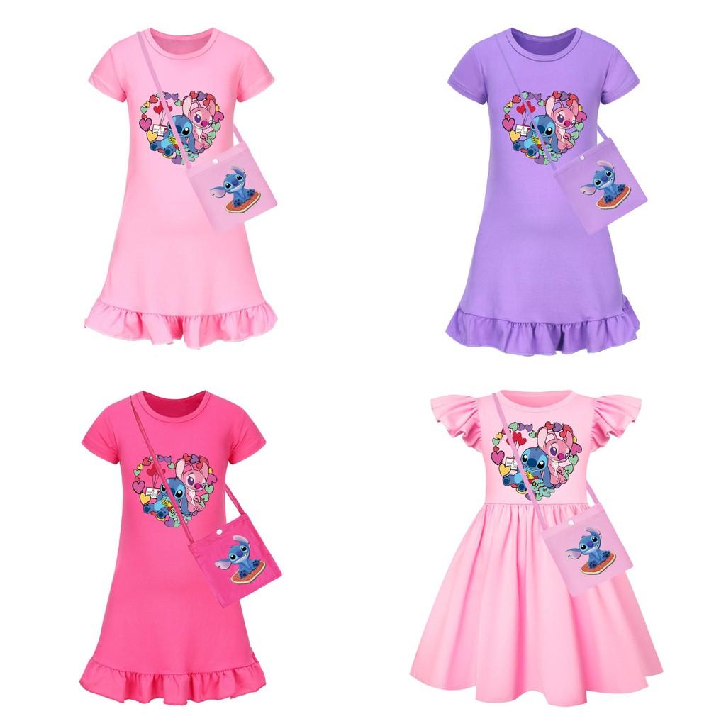 Girl Stitch Pattern Short Sleeve Nightdress With Ruffle Hem For Kids Fashion