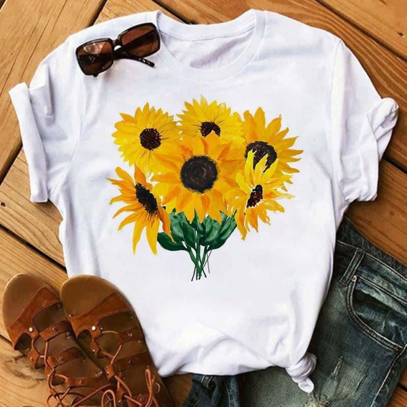 Women's T-shirt Casual Kawaii Sunflower Butterfly Pattern Print Tshirt Comfortable Casual Women's Clothing