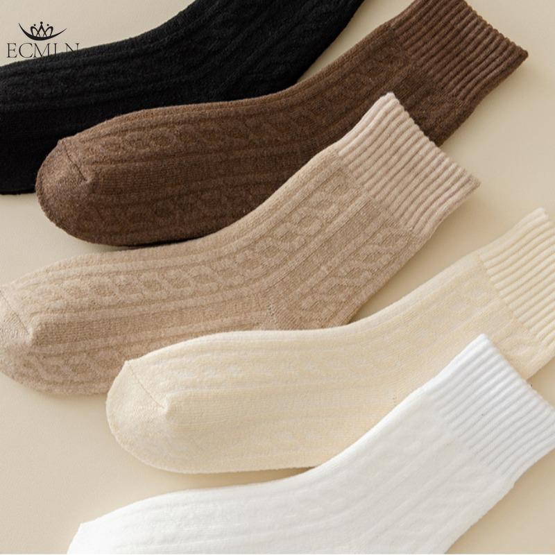 Women's Mid-tube Socks Autumn and Winter Thick Warm Terry Socks Retro Hemp Pattern Solid Color Women's Socks