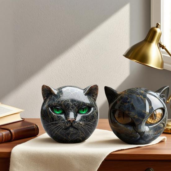 Black Cat Stone Marble Texture Cat Head Sculpture Hand-Carved Healing Stones Keepsake Gift for Cat Lovers Women Men