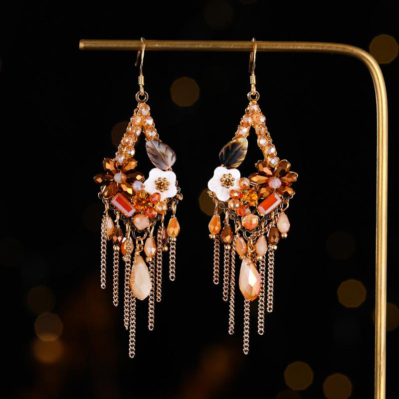 Handmade Crystal Fringed Earrings, Retro Bohemian Earrings, Long Niche High-end Exaggerated Earrings.
