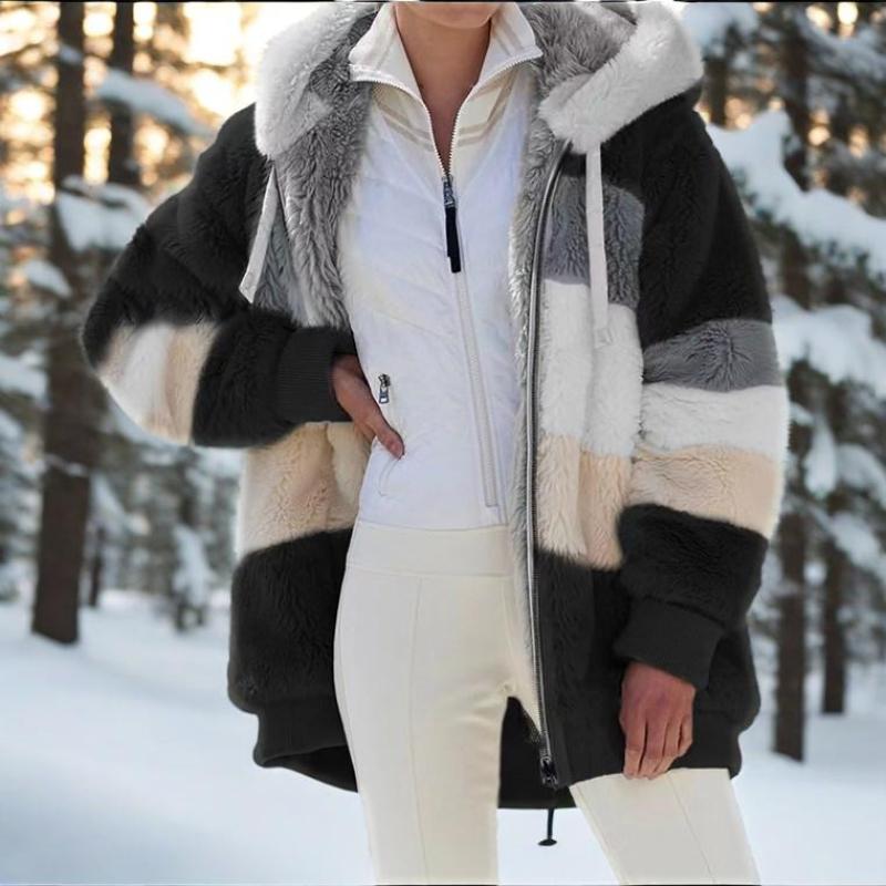 Warm plush patchwork zipper pocket hooded loose jacket