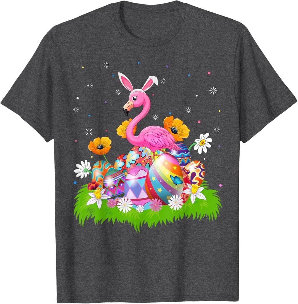 Flamingo Easter Bunny Ears Eggs Graphic Tee Cotton Casual Short Sleeve T-Shirt