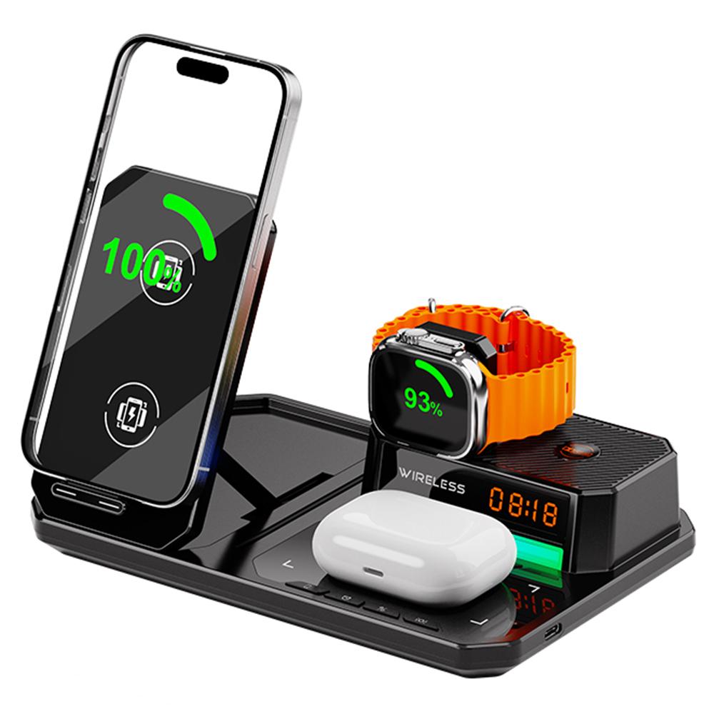 C18 Bezdrátová nabíječka 6 v 1 Digitální nabíjecí stanice s reproduktorem kompatibilním s Bluetooth RGB světlo