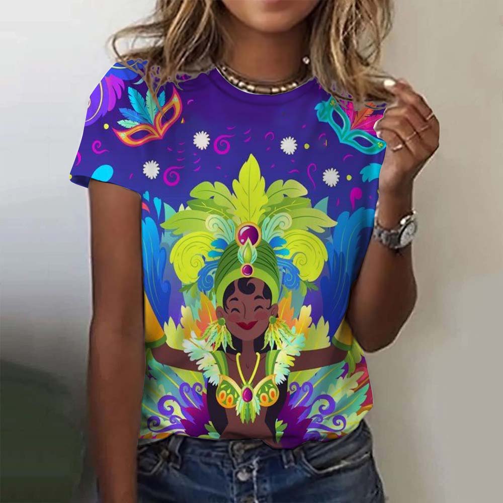 Dámská grafická trička s motivem slavnostní masky Mardi Gras, ležérní letní novinka na dovolenou s klopou a krátkým rukávem, karnevalové oblečení