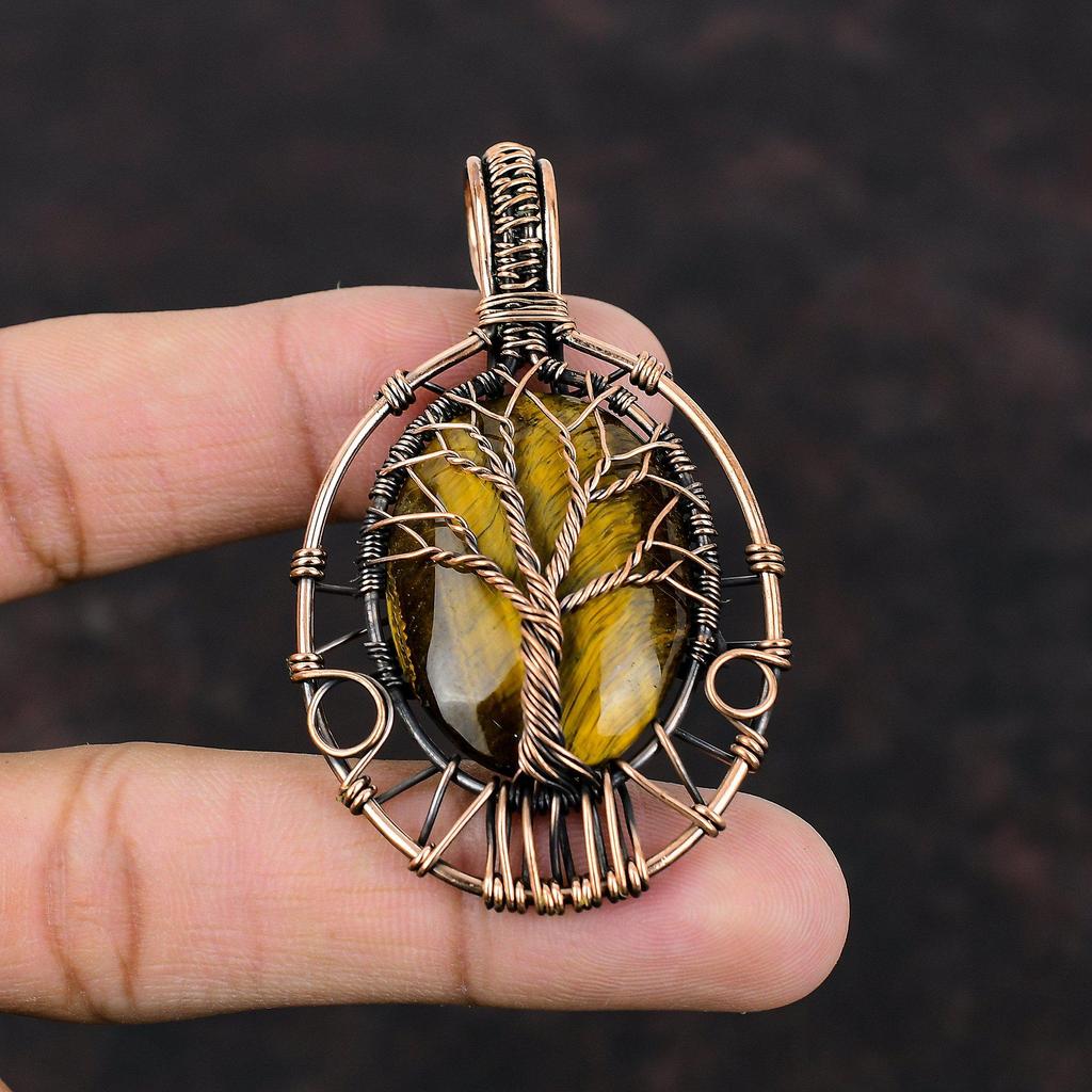 Pandantiv Arborele Vieții Ochi de Tigru Pandantiv Înfășurat în Sârmă de Cupru Bijuterii Arborele Vieții Pandantiv cu Piatră Semiprețioasă Făcut Manual Bijuterii din Sârmă de Cupru Cadou Pentru Mamă