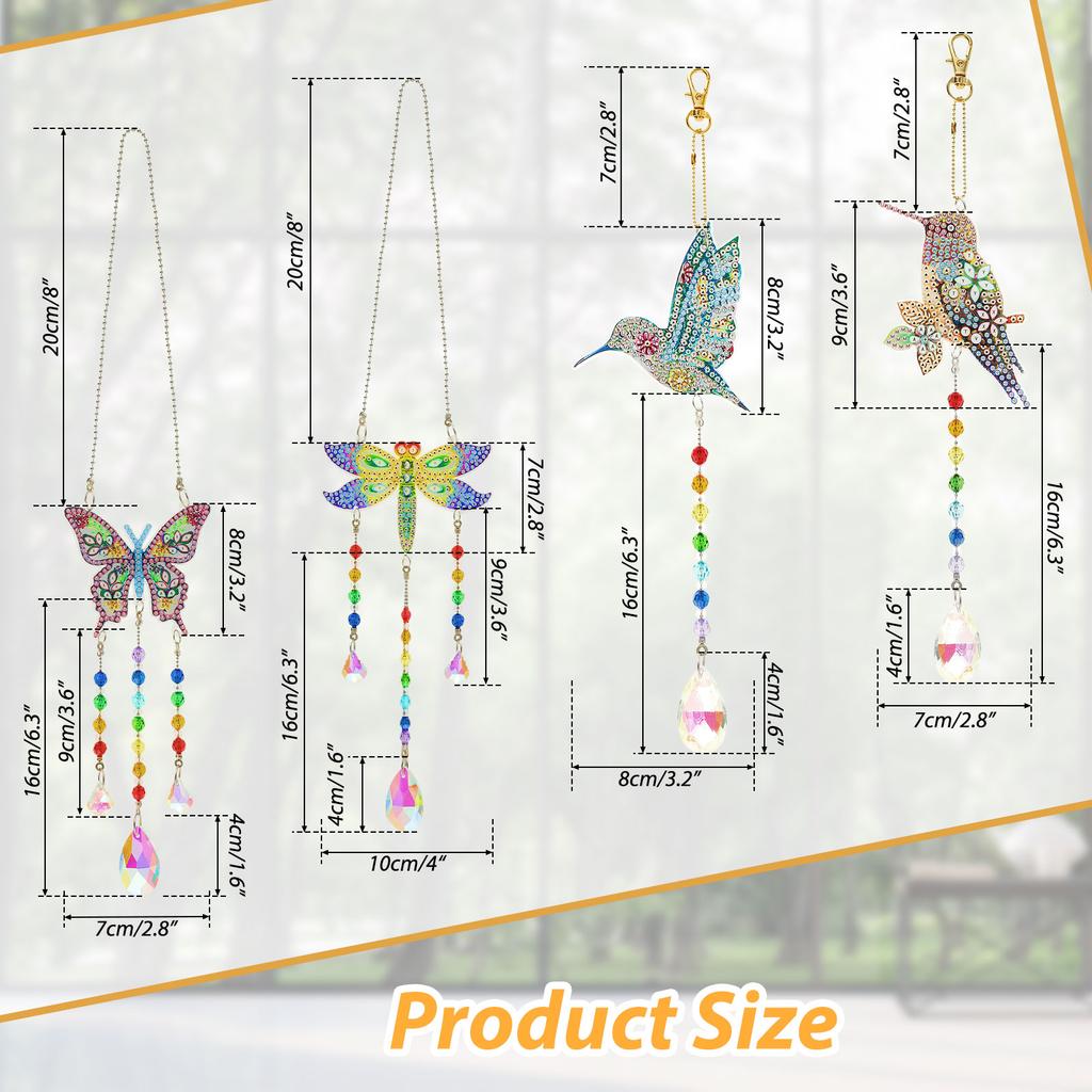 4Pcs Diamond Painting Wind Chime Keychain Hummingbird Dragonfly Butterfly Rhinestone Suncatcher Art Pendant Garden Hanging Decor