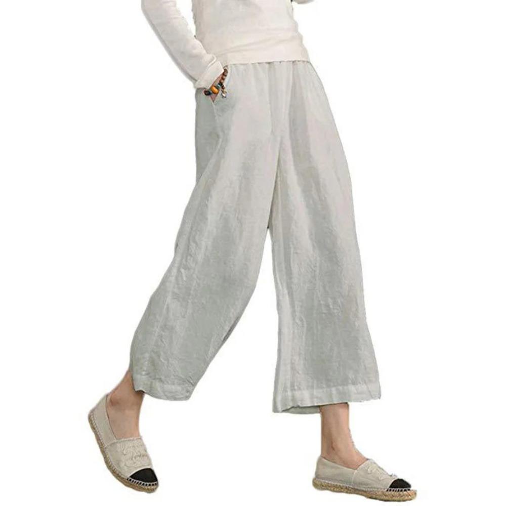 2Women's Linen Cotton Elastic Waist Wide Leg Casual Pants