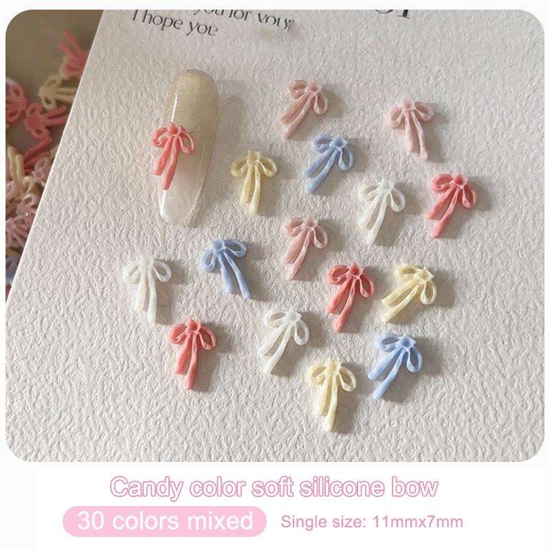 30Pcs Candy Color Bow Nail Art Accessories Ribbon Bow 3D Resin Nail Charms Cute Ribbon Japanese Nail Decoration Accessories