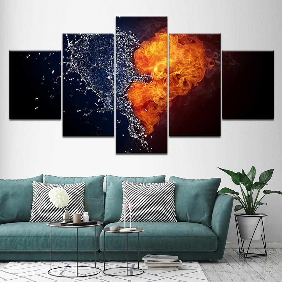 Canvas Painting Abstract Water Fire Heart-shaped 5 Pieces Wall Art Painting Modular Wallpapers Poster Print Home Decor