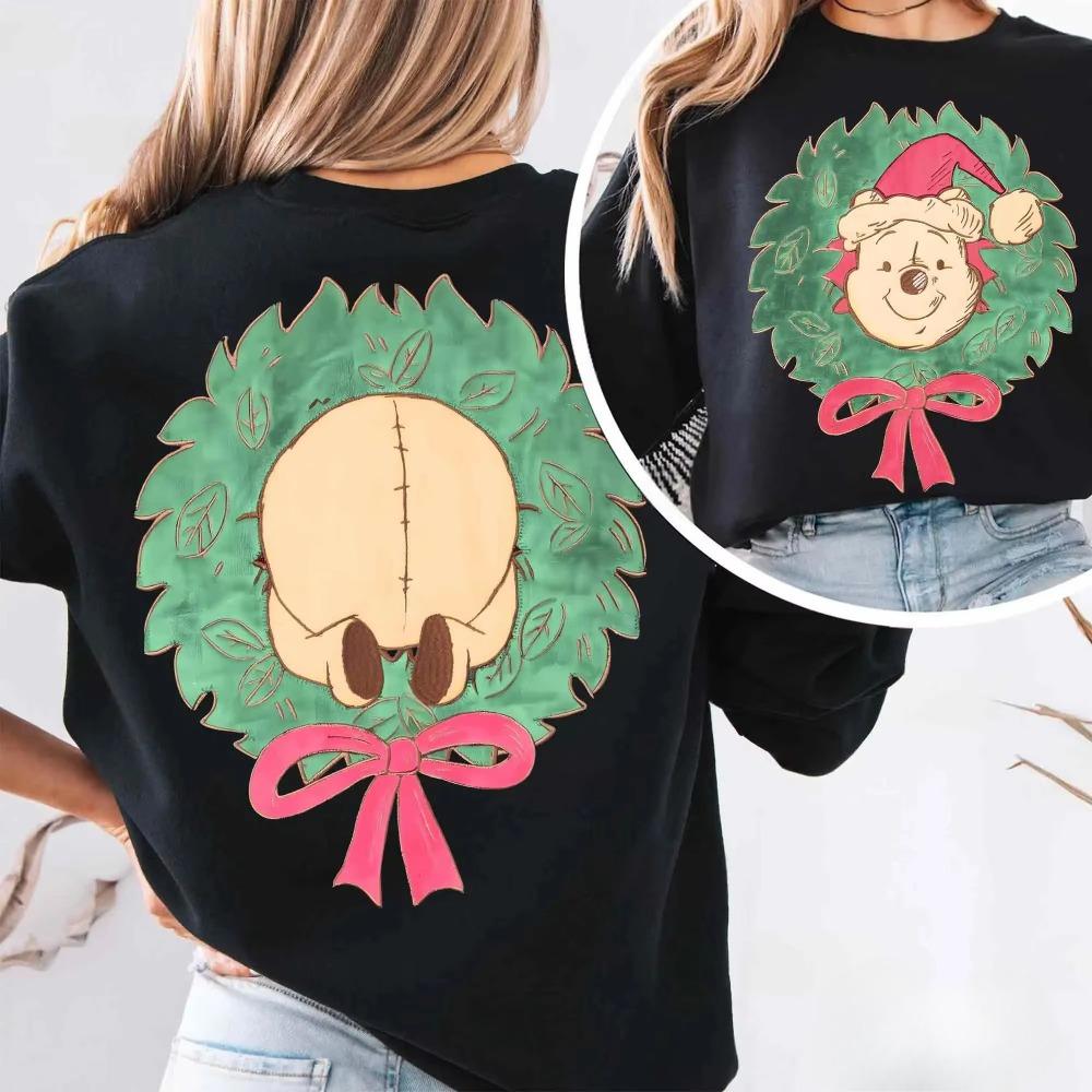 Winnie The Pooh Christmas Wreath Bow Shirt Disney Winnie The Pooh Holiday Tshirt Cute Winnie The Pooh Shirt Skinfriendly S