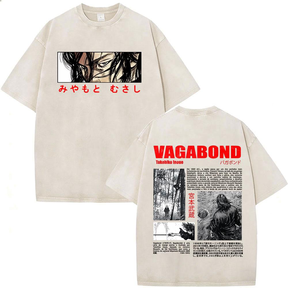 Japanese Anime Vagabond Miyamoto Musashi Vintage Washed Tshirts Men Women Clothing Fashion Retro Cotton Short Sleeve T Shirts