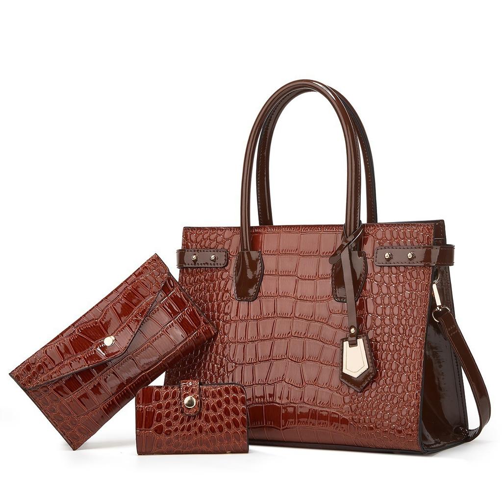 European and American Retro Style New Crocodile Pattern Fashion Women's Bag Trendy Ladies Single Shoulder Crossbody Tote Bag Three-Piece Set
