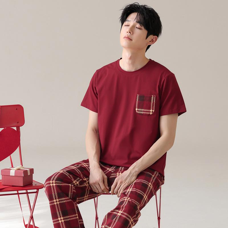 Lycra Cotton Pajamas Couples Summer Short Sleeves Thin Fashion Plaid Red Wedding Loungewear Suit Outside