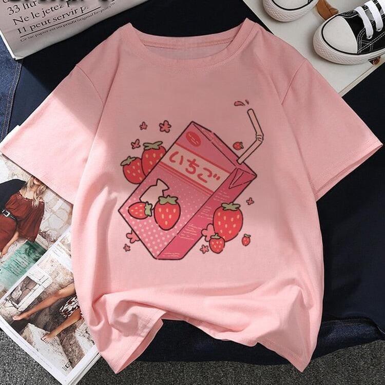 

Adult and Childrens Strawberry Milk Box Soft Cute Y2K Harajuku Style Printed Pure Cotton Versatile TShirt S
