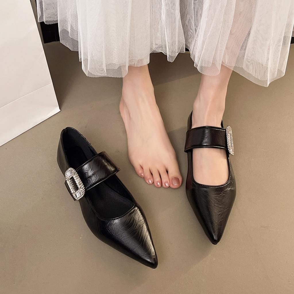 Flat Velcro Rhinestone Mary Jane Shoes Women's Summer New French Retro Fashion Temperament Light Mouth Single Shoes