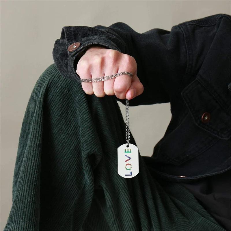 Stainless Steel LGBT Gay Lesbian Love Pride Necklaces Enamel Rainbow Flag Double Pendant Necklace