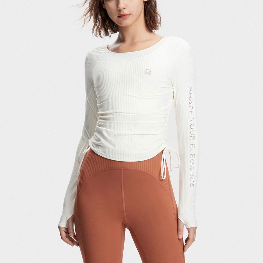 FILA Solid Color Knitted Long Sleeve Fitness Top Women tops Vanilla-White A11W341204FIV
