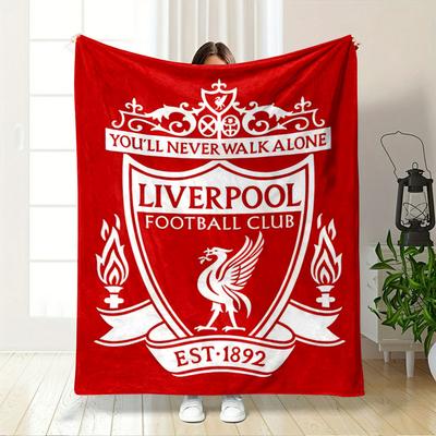 Ein rotes Schild mit weißem Text, ein Liver Bird, Fackeln und verzierte Details. Decke für alle Jahreszeiten Mittagspause Überwurf Geschenk