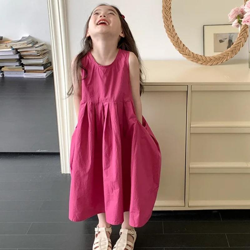 Abito estivo senza maniche per bambine e adolescenti, tinta unita, cotone, ampio, casual, vestito da sole, stile vacanza per bambini, vestito da principessa