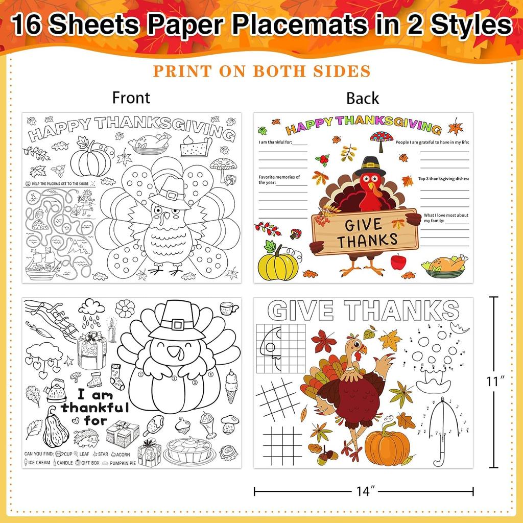 Thanksgiving Coloring Placemats 16PCS 14''x11'' Fall Thanksgiving Placemats for Kids to Color Thanks Giving Paper Table Mats Disposable Place Mats