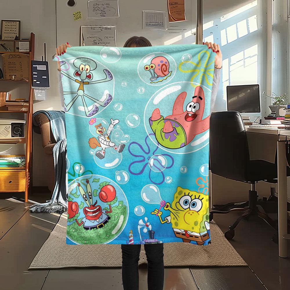 SpongeBob Cartoon Printed Flannel Blanket, soft throw for bedroom sofa, washable, Christmas present, great gift.