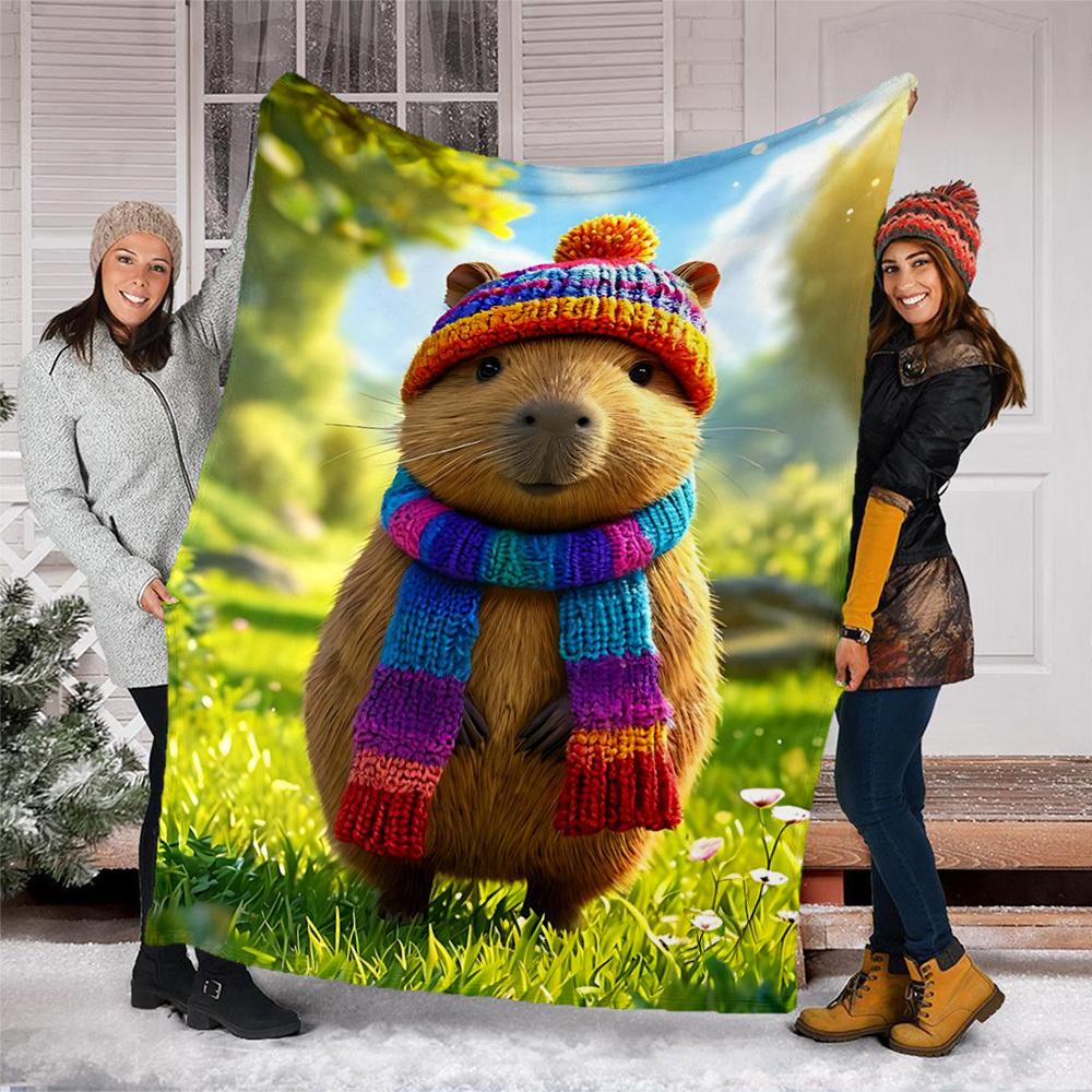 1pc Capybara Knit Hat Throw Blanket Polyester Fiber, Lightweight Flannel, Soft & Warm, All Season Use for Outdoor, Camping Digital Print