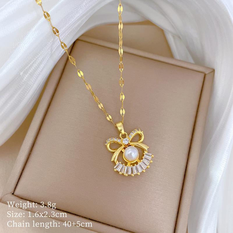 

Necklace Earrings Set Light Luxury Full Of Diamonds Pearl Bow Personality Temperament Banquet Earrings Necklace Group