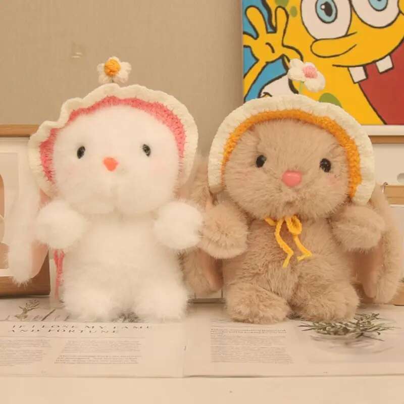 22CM Cute Pudding Flower Cap Rabbit Plush Toy Short Fur Soft and Removable Cap Little White Rabbit Doll as a Gift for Children
