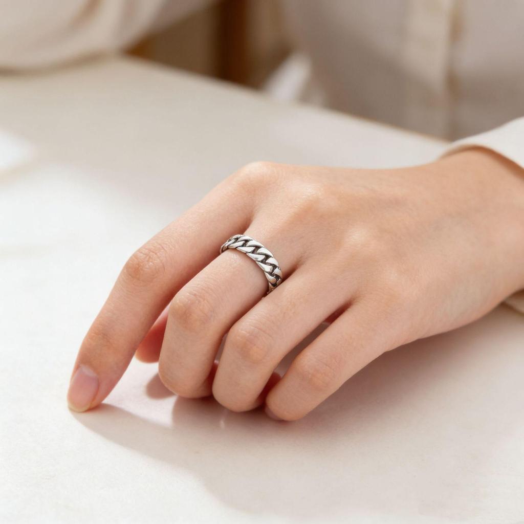 CaiYi S925 Sterling Silver Twist Chain Ring - Trendy Unisex Design