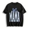 Blue Gingham MAMA Bow Print Casual Short Sleeve Top Pure Cotton T-shirt
