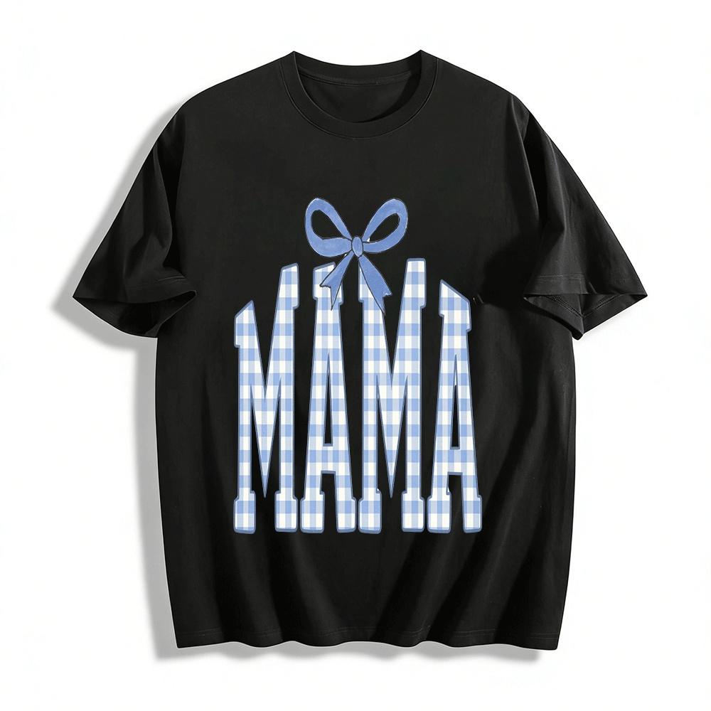 Blue Gingham MAMA Bow Print Casual Short Sleeve Top Pure cotton T-shirt XXS