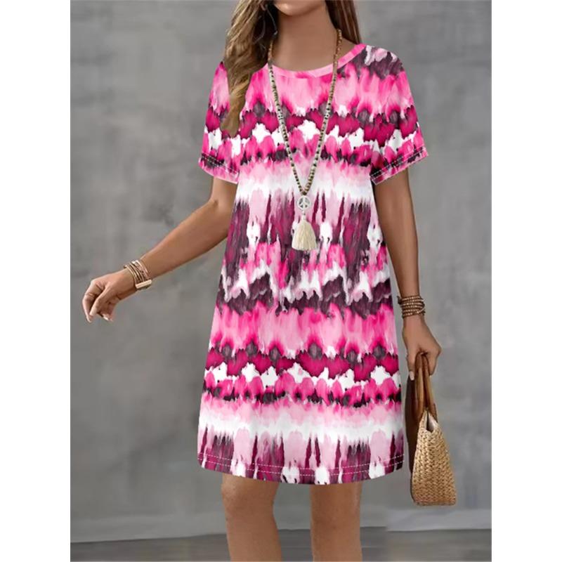 Ladies' Summer Striped Gradient Printed Short Sleeve Round Neck Dress Fashion Design Elegant Temperament Women Mini Casual Dress