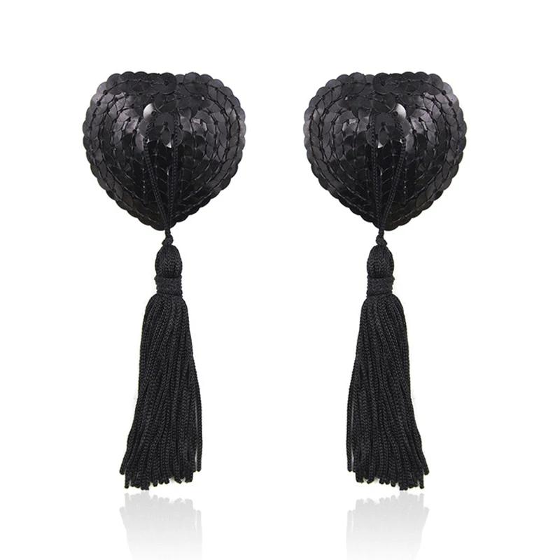 1Pair Sexy Pasties Stickers Sequin Nipple Covers with Tassels Heart Shape Nipple Stickers Pasties  Chest Stickers