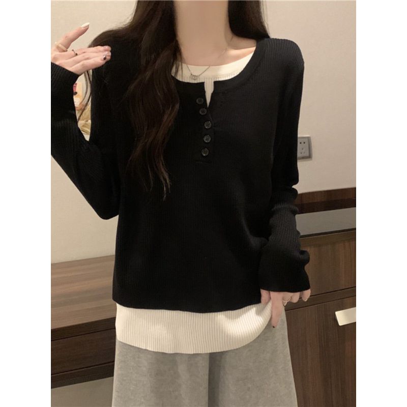 Glutinous Belly Covering Fake Two Pieces Sweaters Knitwear Women's Fall and Winter New Arrival Fat Sister Loose Slimming Long Sleeves Bottoming Shirt