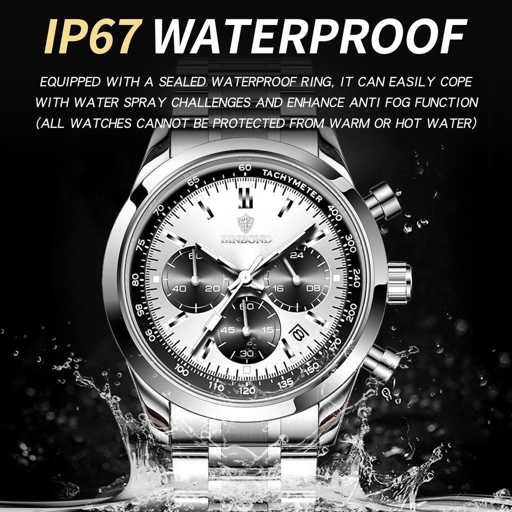 BINBOND Accurate Quartz Watches For Men Luxury Auto Date Chronograph Luminous Waterproof Men's Watch Stainless Steel Reloj