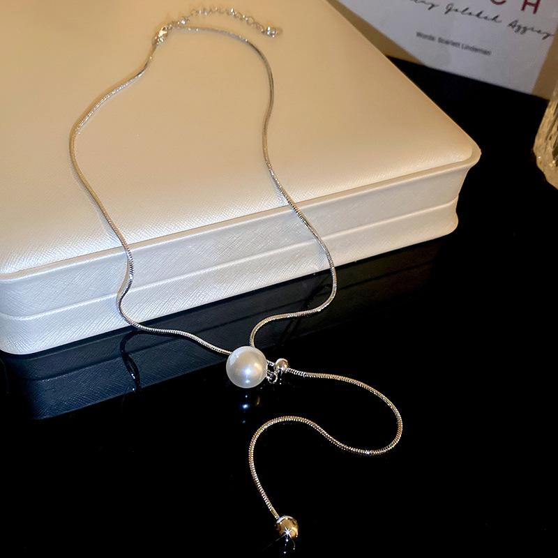 Elegant Pearl Snake Chain Adjustable Necklace - Fashionable Round Bead Design for Women