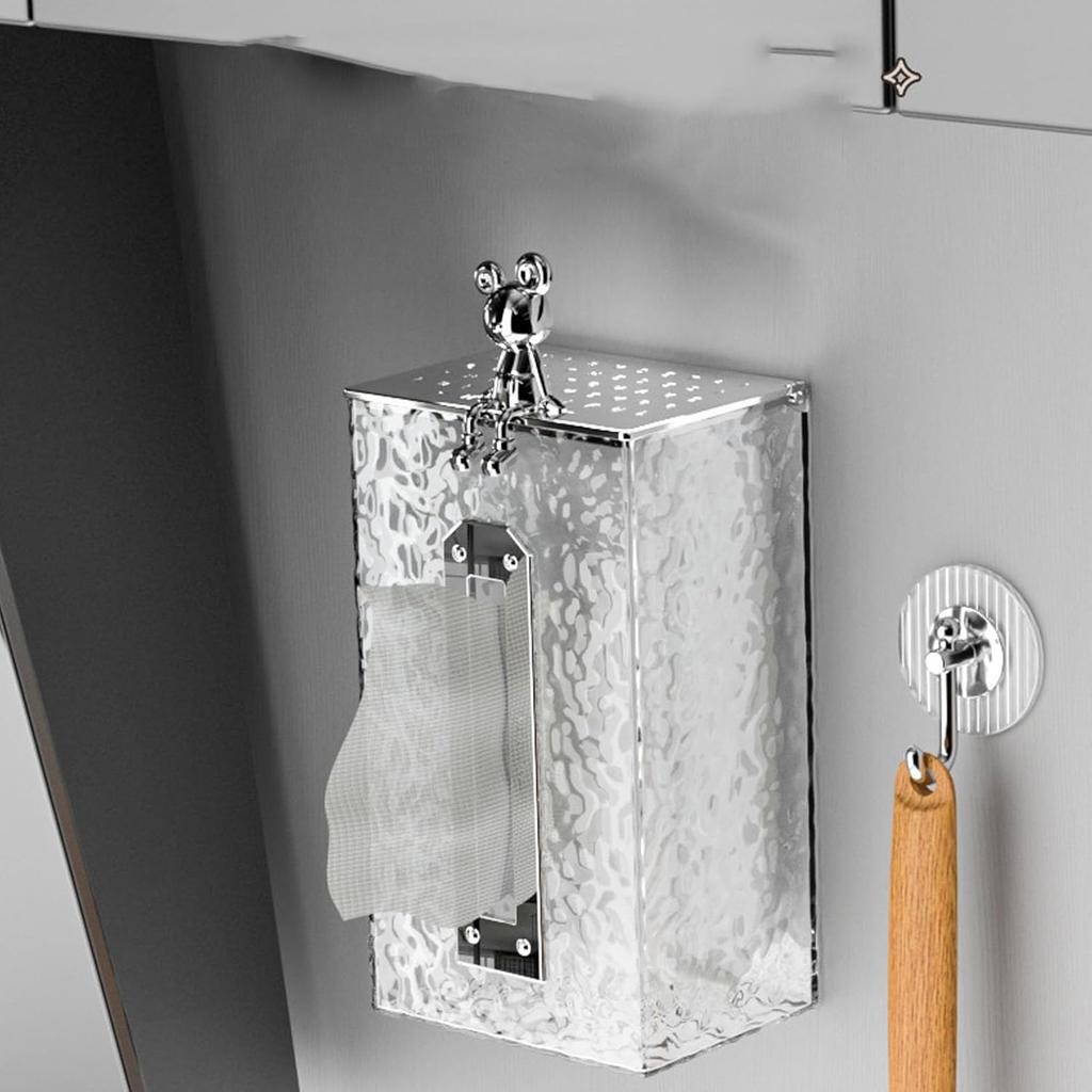 Tissue Box, Wall Mounted Tissue Box Cover Clear Plastic Napkin Holder Rectangular Facial Tissue Dispenser for Bathroom(Silver)